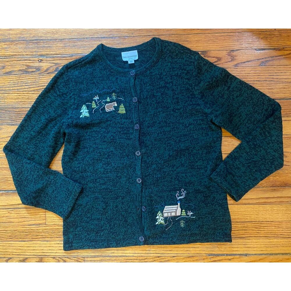 VTG Breckenridge Winter Cabin Cardigan Sweater Womens PM Embroidered Dark Green